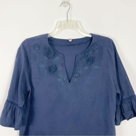 Margaret O’Leary Linen Blend Navy Embroidered 3-D Applique Floral Dress Large - Picture 4 of 9
